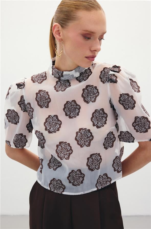 Organze Kısa Kol Bluz - Kahve