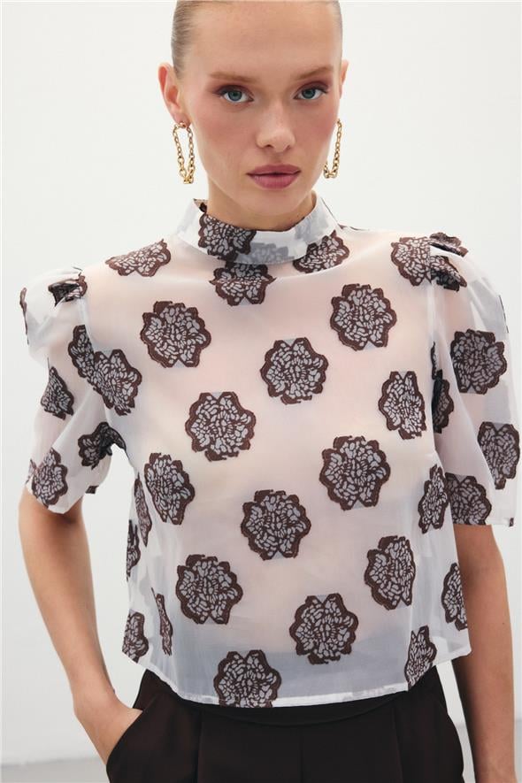 Organze Kısa Kol Bluz - Kahve