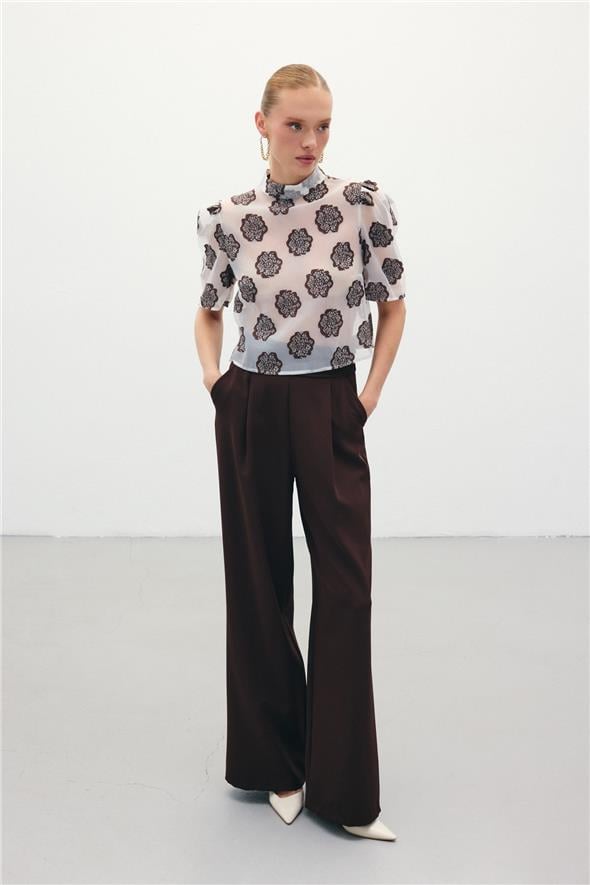 Organze Kısa Kol Bluz - Kahve