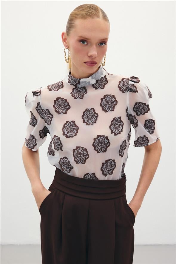 Organze Kısa Kol Bluz - Kahve