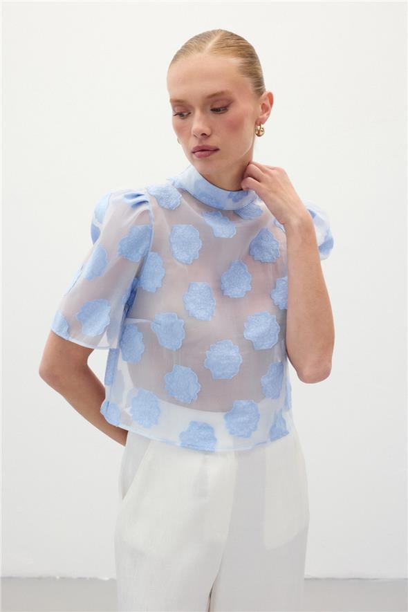 Organze Kısa Kol Bluz - Mavi
