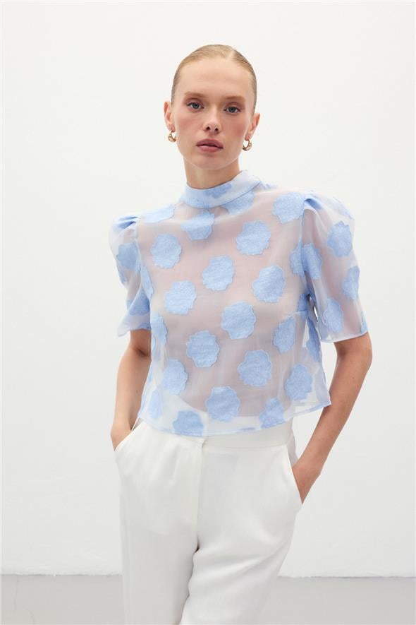 Organze Kısa Kol Bluz - Mavi