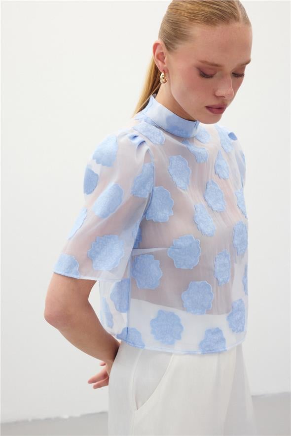Organze Kısa Kol Bluz - Mavi