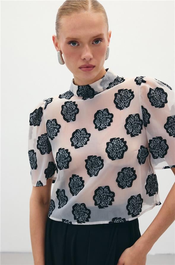 Organze Kısa Kol Bluz - Siyah