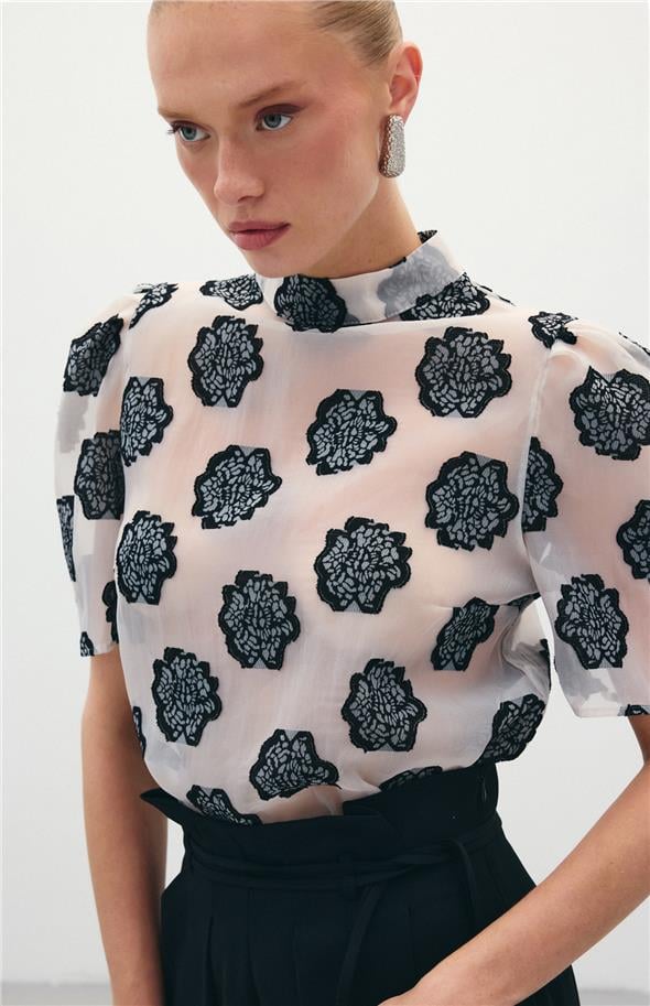 Organze Kısa Kol Bluz - Siyah