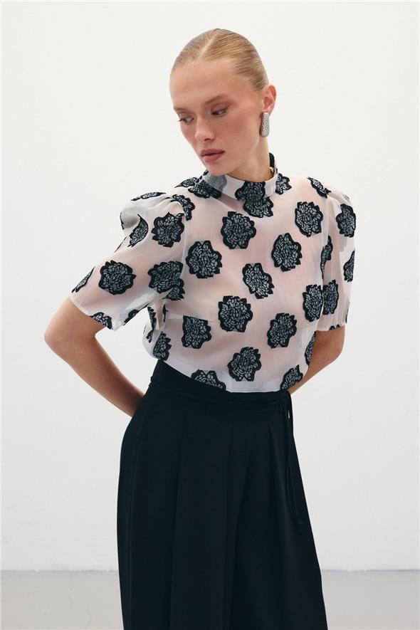 Organze Kısa Kol Bluz - Siyah