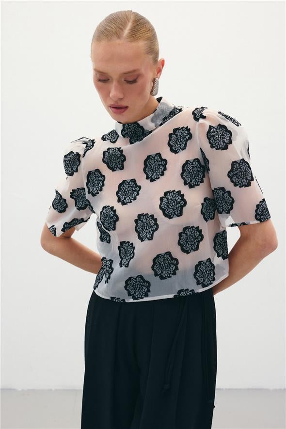 Organze Kısa Kol Bluz - Siyah