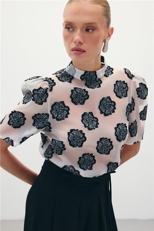 Organze Kısa Kol Bluz - Siyah