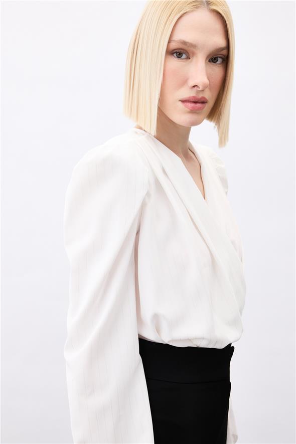 Parlak Çizgili Bodysuit Bluz - Ekru