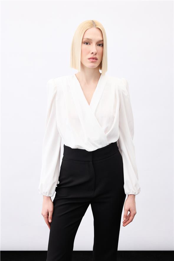 Parlak Çizgili Bodysuit Bluz - Ekru