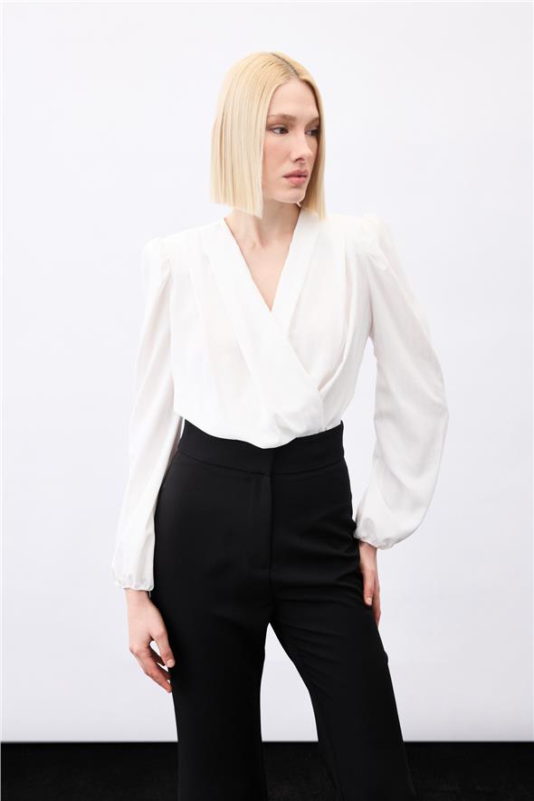 Parlak Çizgili Bodysuit Bluz - Ekru