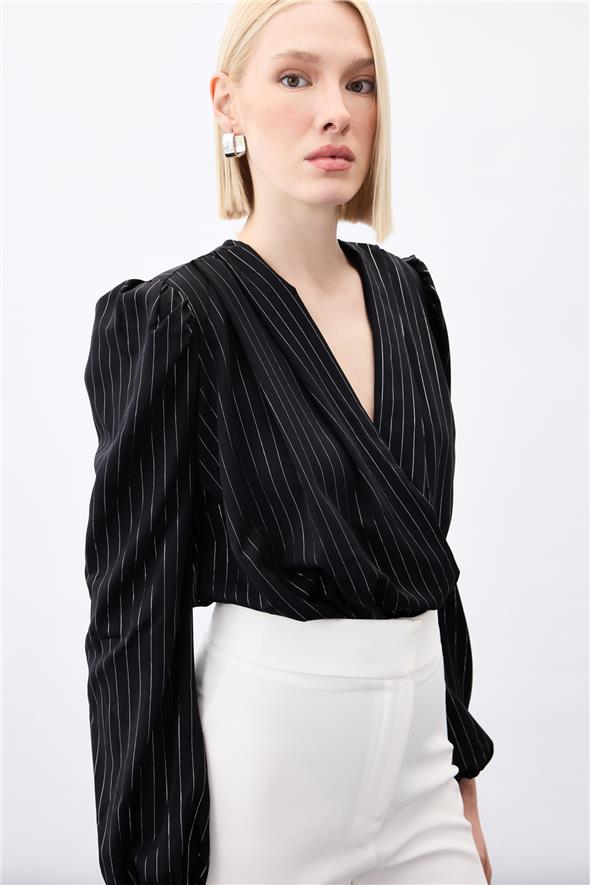 Parlak Çizgili Bodysuit Bluz - Siyah