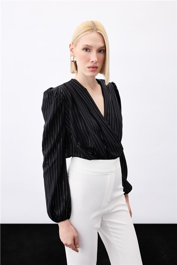 Parlak Çizgili Bodysuit Bluz - Siyah