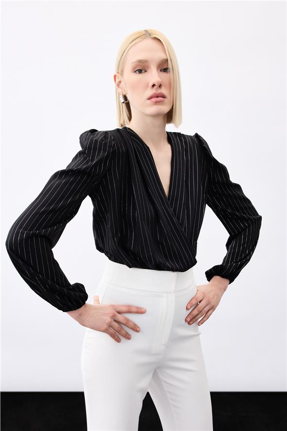 Parlak Çizgili Bodysuit Bluz - Siyah