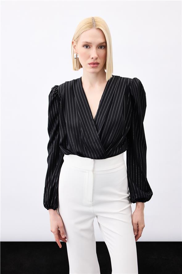 Parlak Çizgili Bodysuit Bluz - Siyah