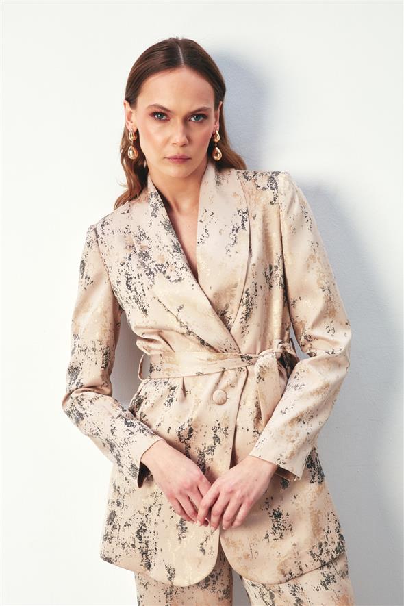 Parlak Desenli Kuşaklı Uzun Ceket - Bej