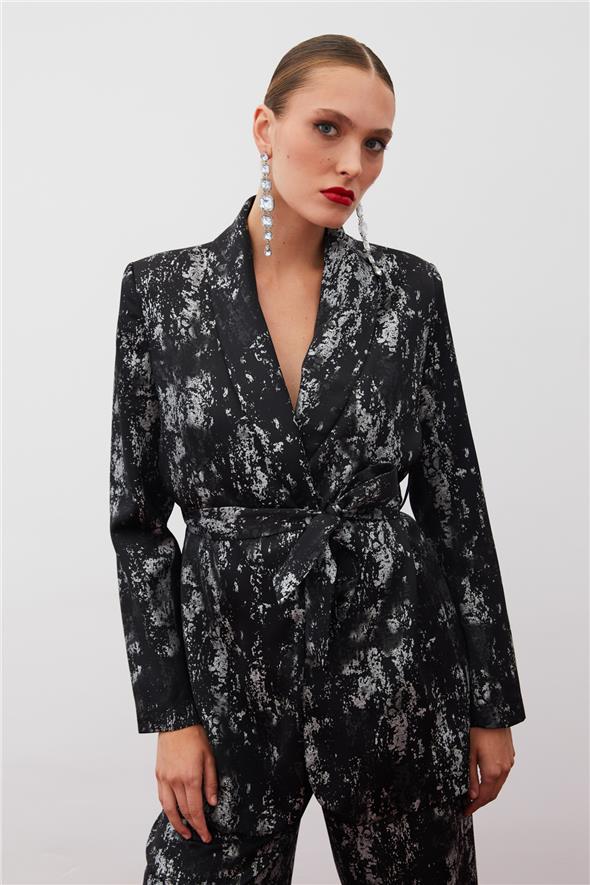 Parlak Desenli Kuşaklı Uzun Ceket - Siyah-Gümüş