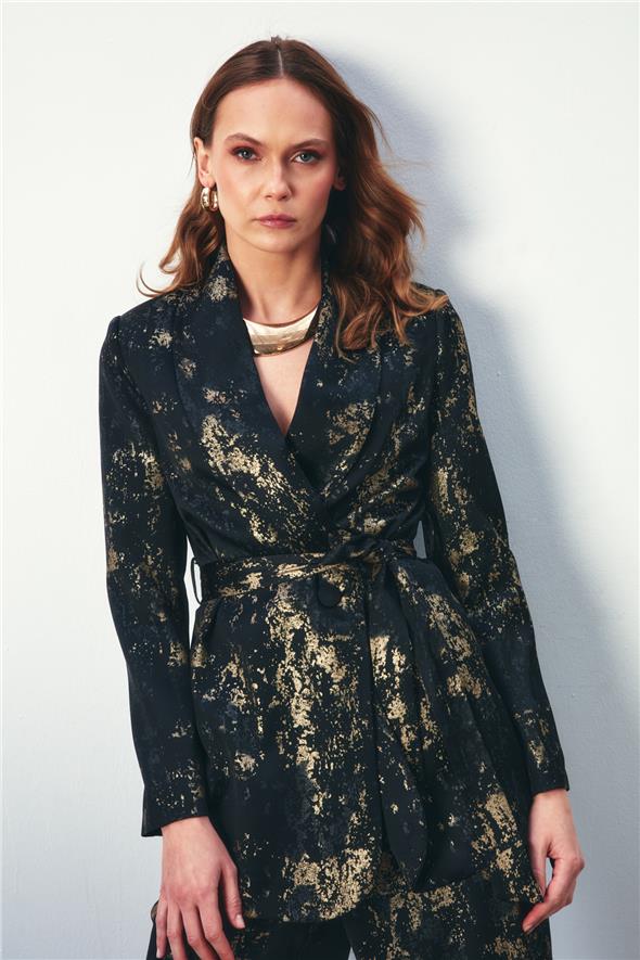 Parlak Desenli Kuşaklı Uzun Ceket - Siyah