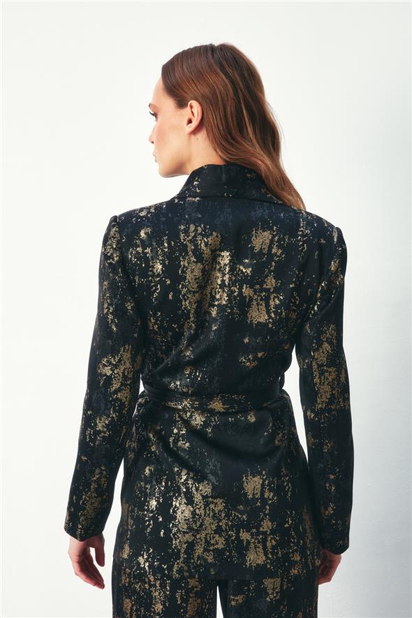 Parlak Desenli Kuşaklı Uzun Ceket - Siyah