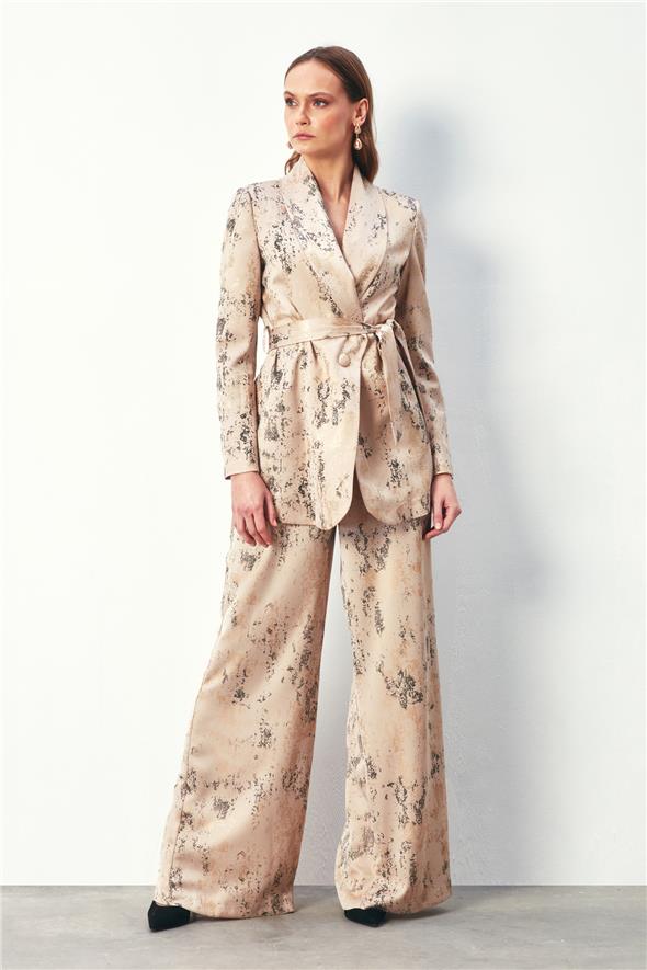 Parlak Desenli Salaş Pantolon - Bej