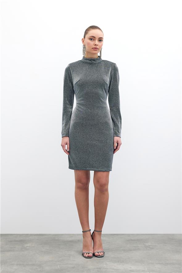 Parlak Kısa Elbise - Antrasit