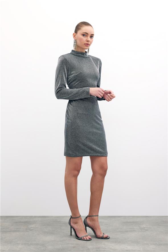 Parlak Kısa Elbise - Antrasit
