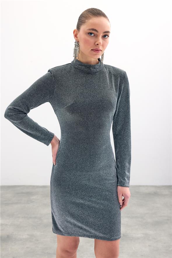 Parlak Kısa Elbise - Antrasit