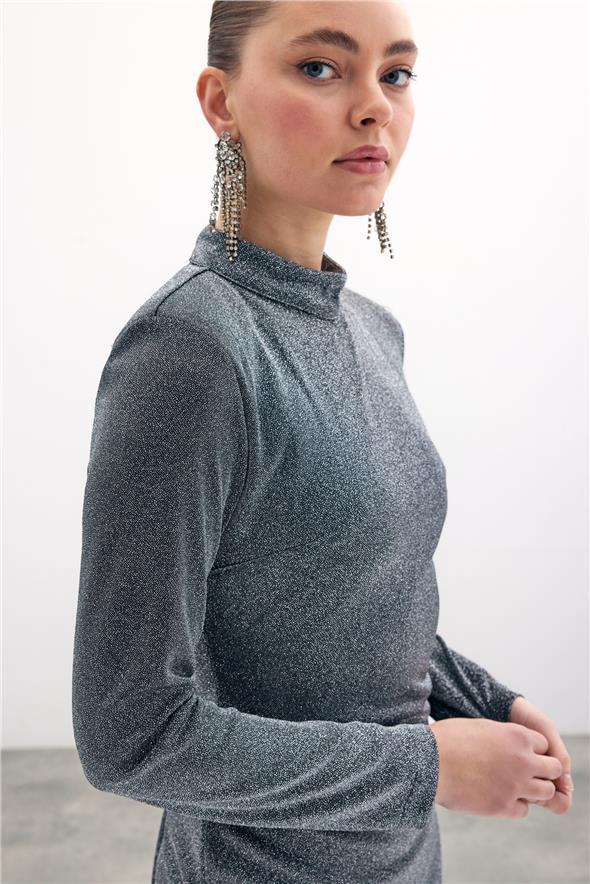 Parlak Kısa Elbise - Antrasit