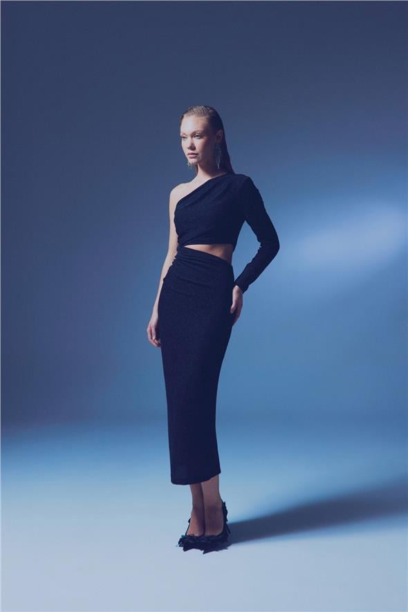 Parlak Uzun  Elbise - Siyah