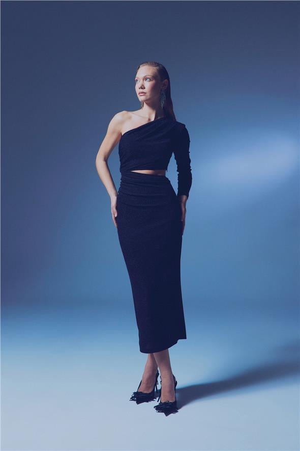 Parlak Uzun  Elbise - Siyah