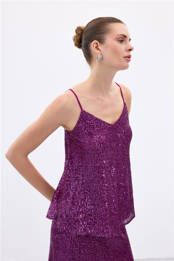 Payet Detaylı Askılı Bluz - Mürdüm