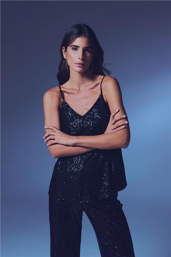 Payet Detaylı Askılı Bluz - Siyah