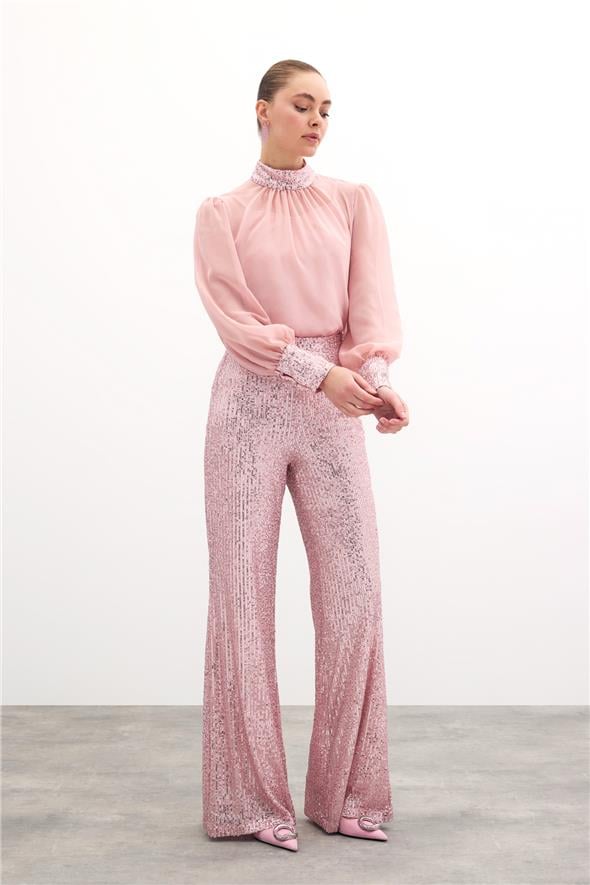 Payet Detaylı Bluz - Pudra