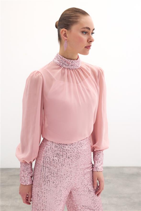 Payet Detaylı Bluz - Pudra