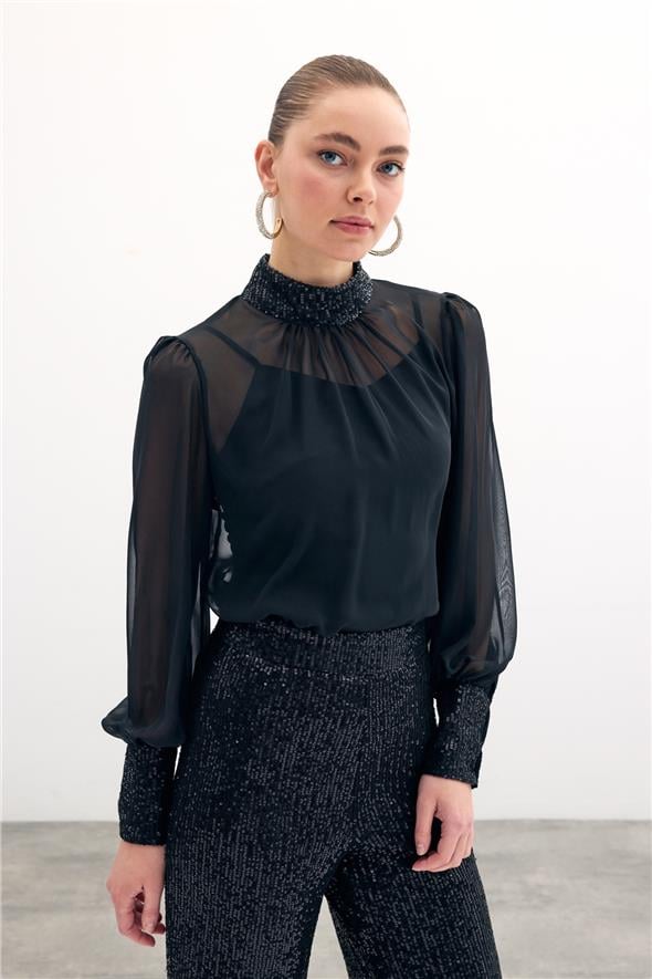 Payet Detaylı Bluz - Siyah