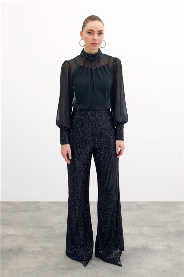 Payet Detaylı Bluz - Siyah