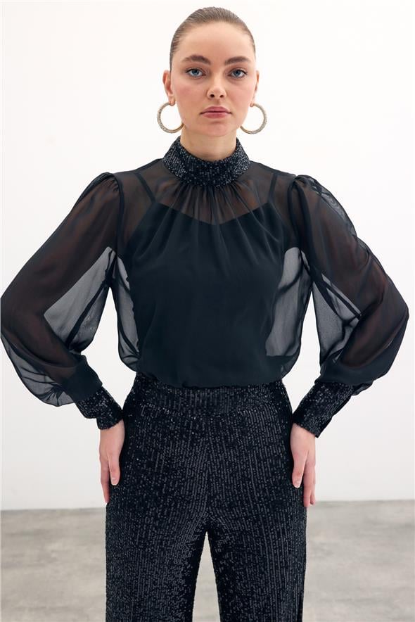 Payet Detaylı Bluz - Siyah