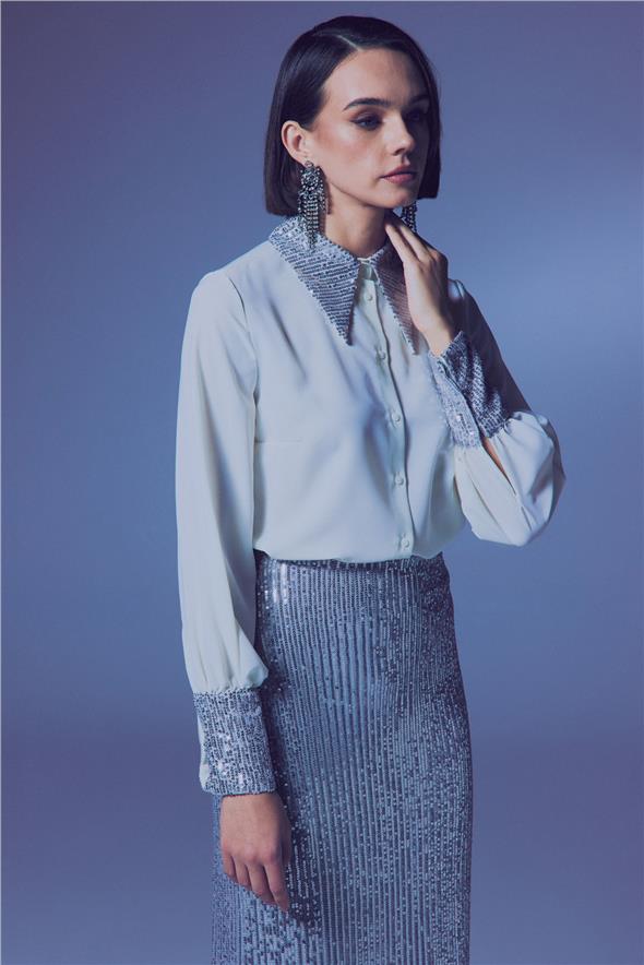 Payet Detaylı Gömlek - Ekru-Gümüş