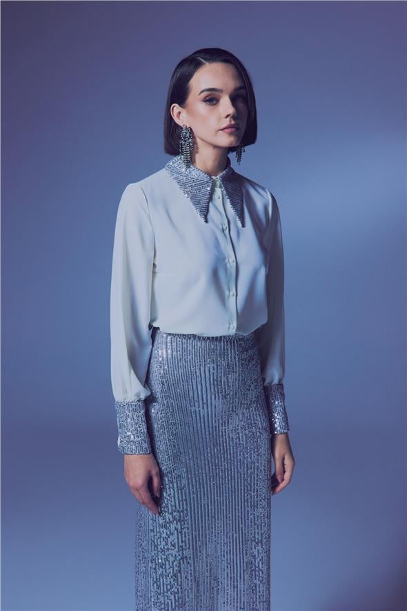 Payet Detaylı Gömlek - Ekru-Gümüş