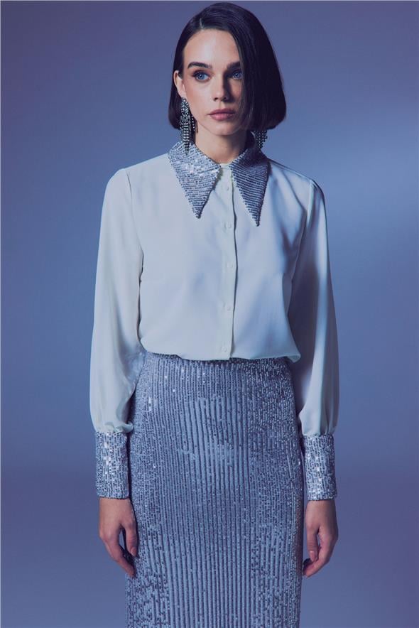 Payet Detaylı Gömlek - Ekru-Gümüş