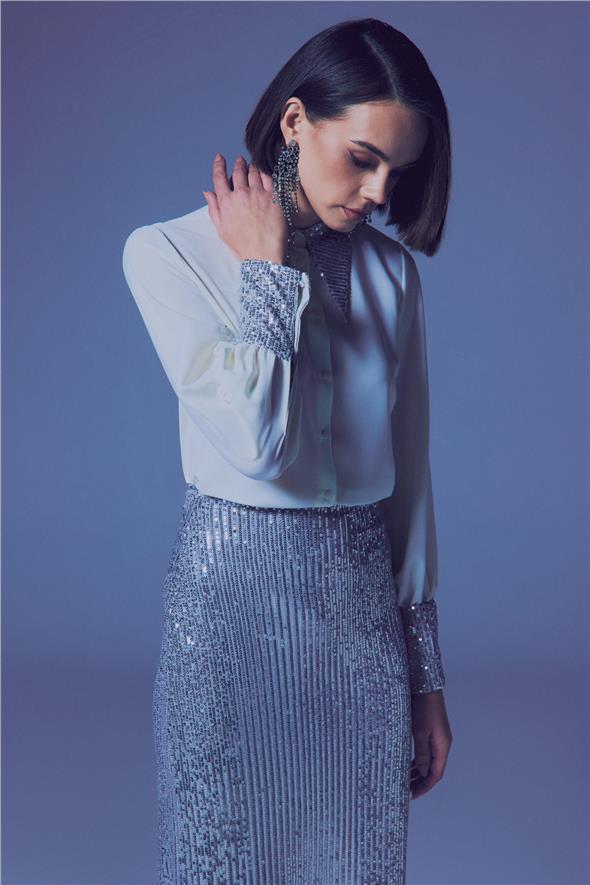 Payet Detaylı Gömlek - Ekru-Gümüş