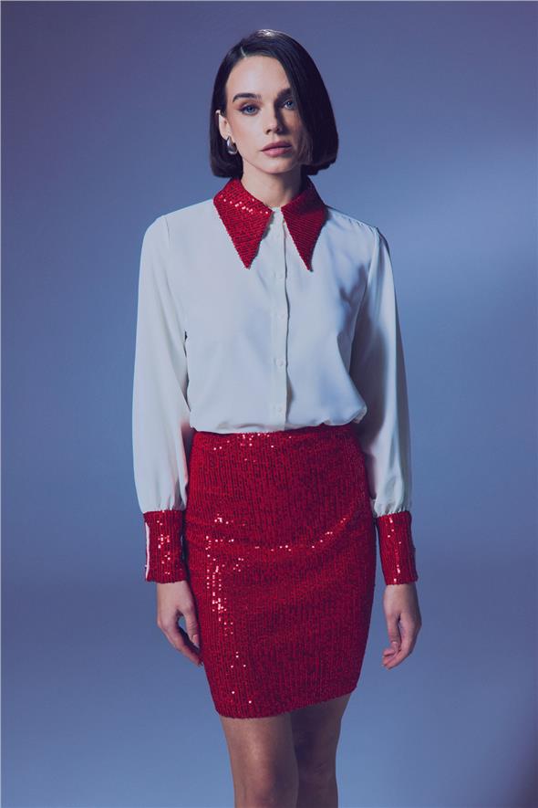 Payet Detaylı Gömlek - Ekru-Kırmızı