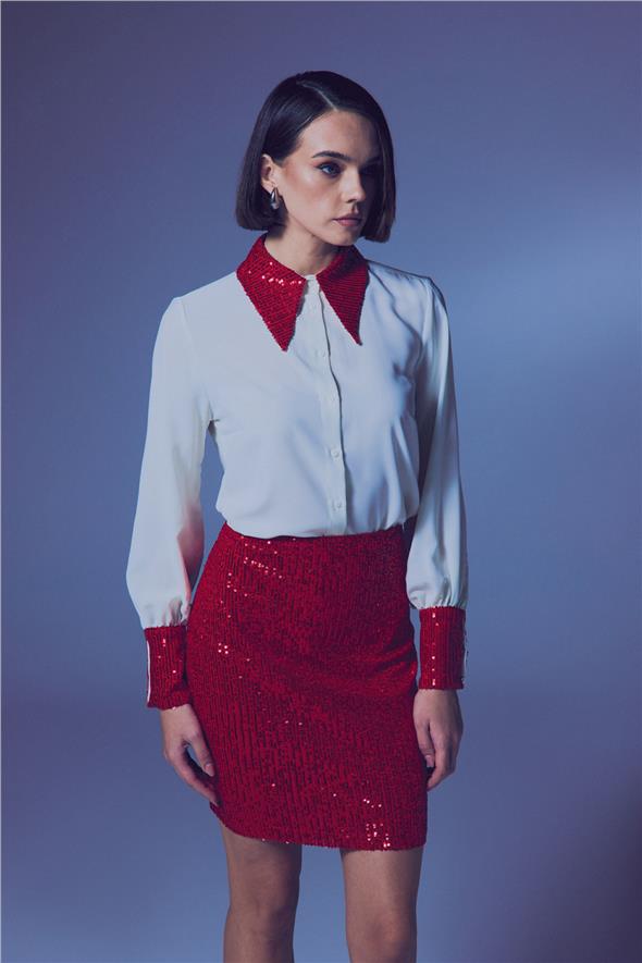 Payet Detaylı Gömlek - Ekru-Kırmızı