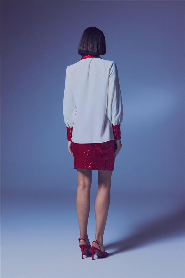 Payet Detaylı Gömlek - Ekru-Kırmızı