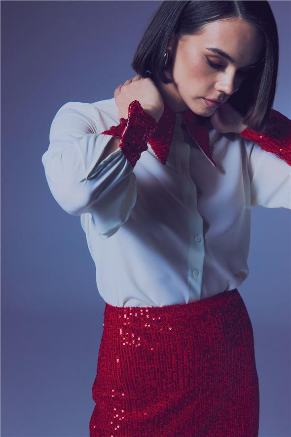 Payet Detaylı Gömlek - Ekru-Kırmızı