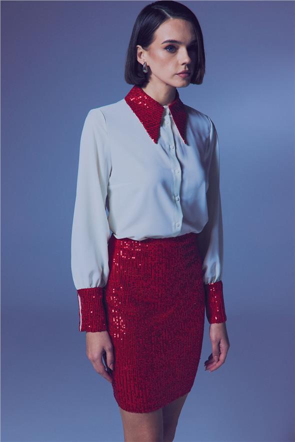 Payet Detaylı Gömlek - Ekru-Kırmızı