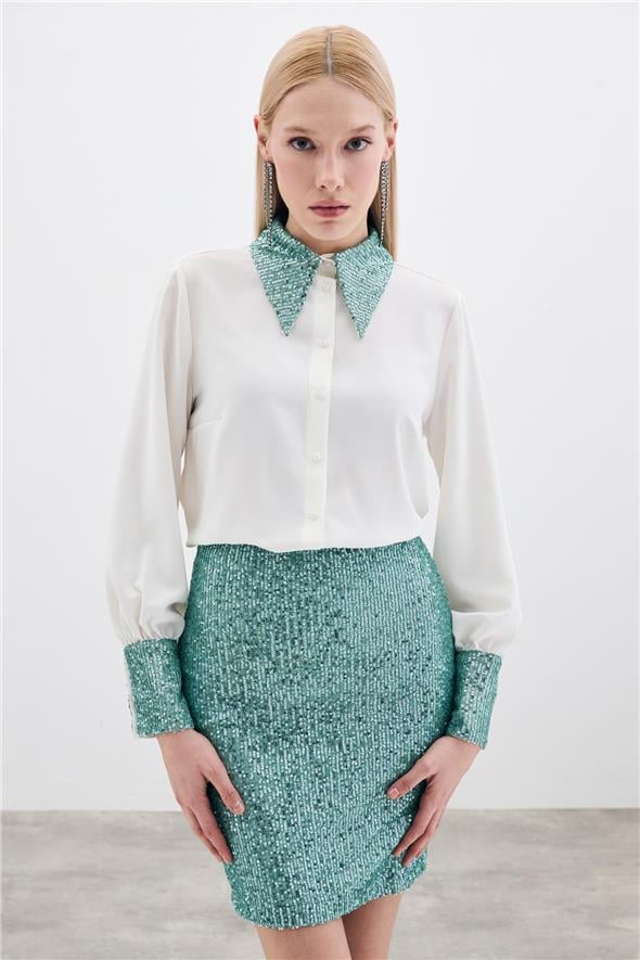 Payet Detaylı Gömlek - Ekru-Mint