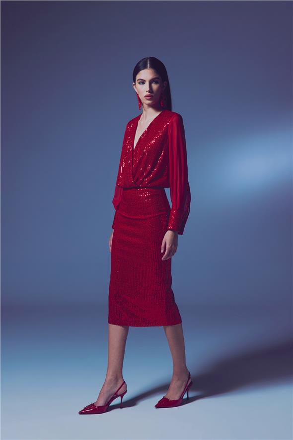 Payet Detaylı Kalem Etek - Kırmızı