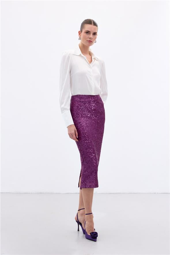 Payet Detaylı Kalem Etek - Mürdüm