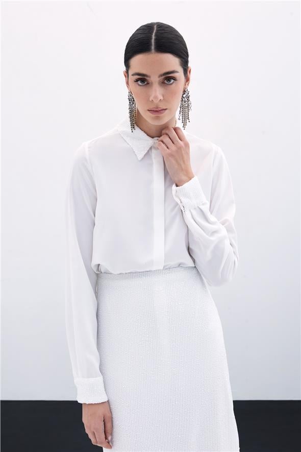 Payet Detaylı Klasik Gömlek - Ekru